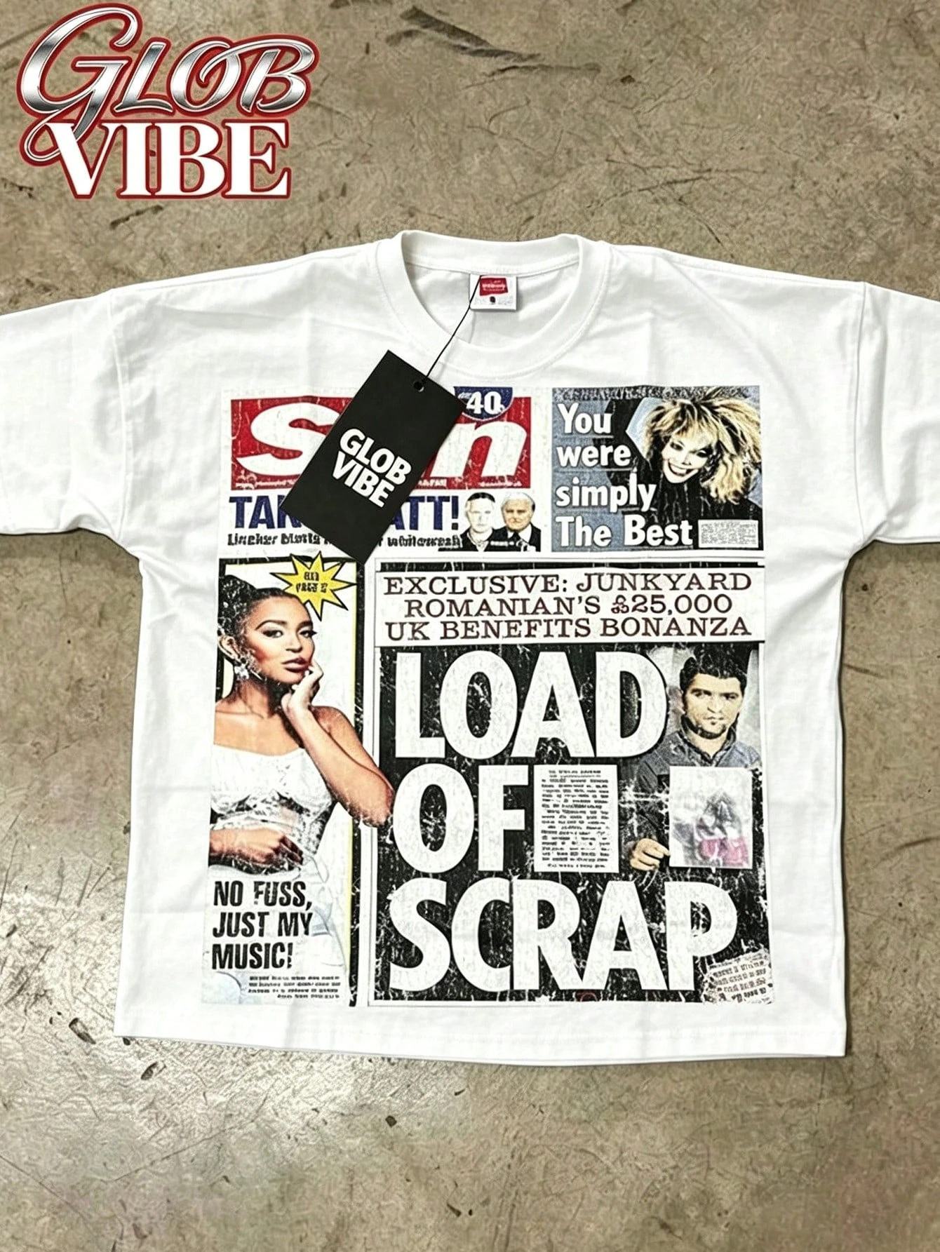Vintage Distressed Newspaper Collage Graphic T-Shirt Oversized Drop Shoulder Crew Neck Short Sleeve Streetwear Tee