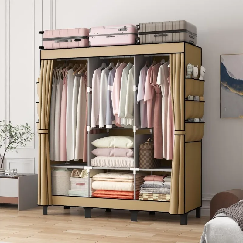 Lemari pakaian gantung sederhana, banyak rak dan 3 gantungan, 18 saku samping 51 "W*17.7" D*67.7 "H (warna krem)