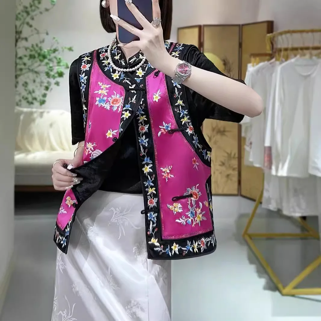 Chinese Style Vest Women's Spring And Autumn Embroidery Flowers Birds Loose Acetate Sleeveless Lady Top S-XXL image 2