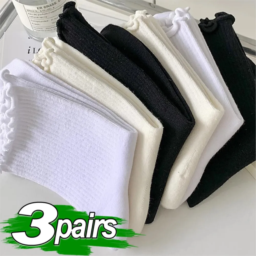 Ruffle Socks for Women Mid Crew Middles Tube Ankle High Breathable Black White Beige Female Fashion Cotton Socks Comfort