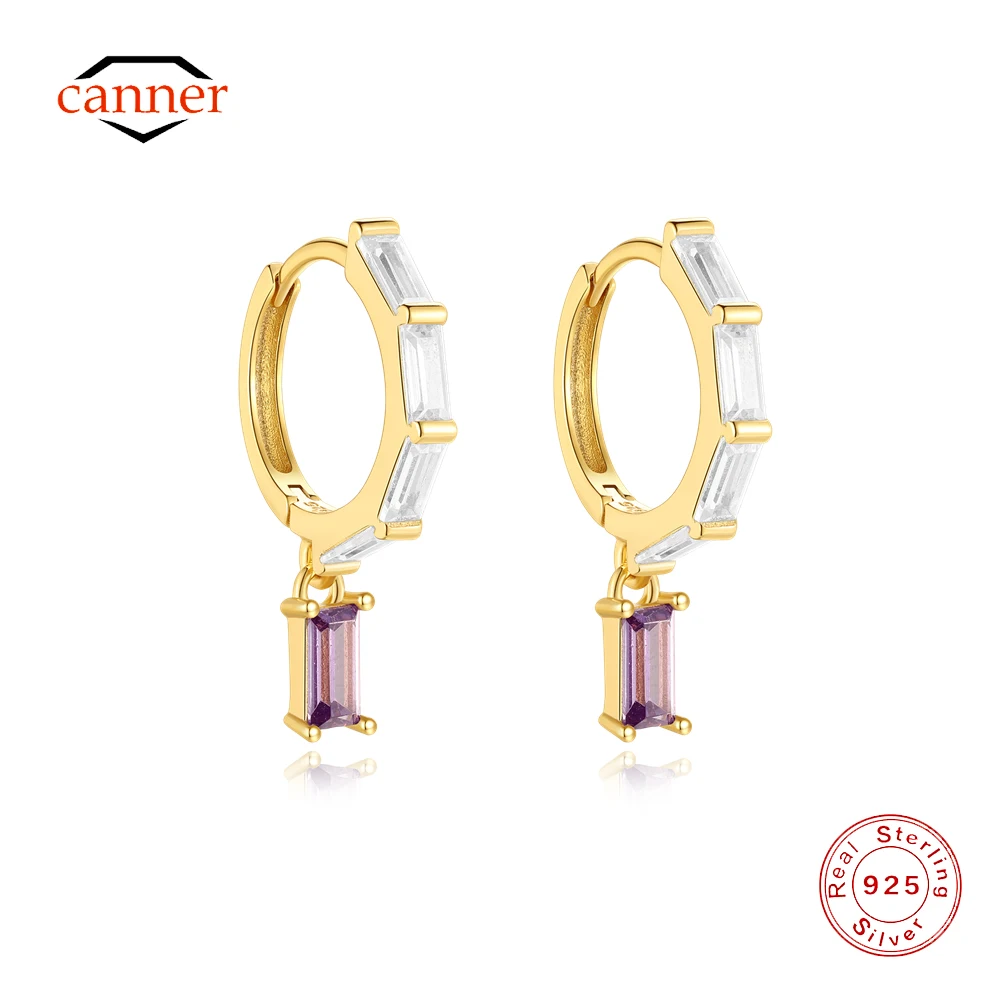 

CANNER 925 Sterling Silver Purple Rectangular Zircon Drop Earrings For Women Ins Exquisite White Zircon Earrings Party Gift