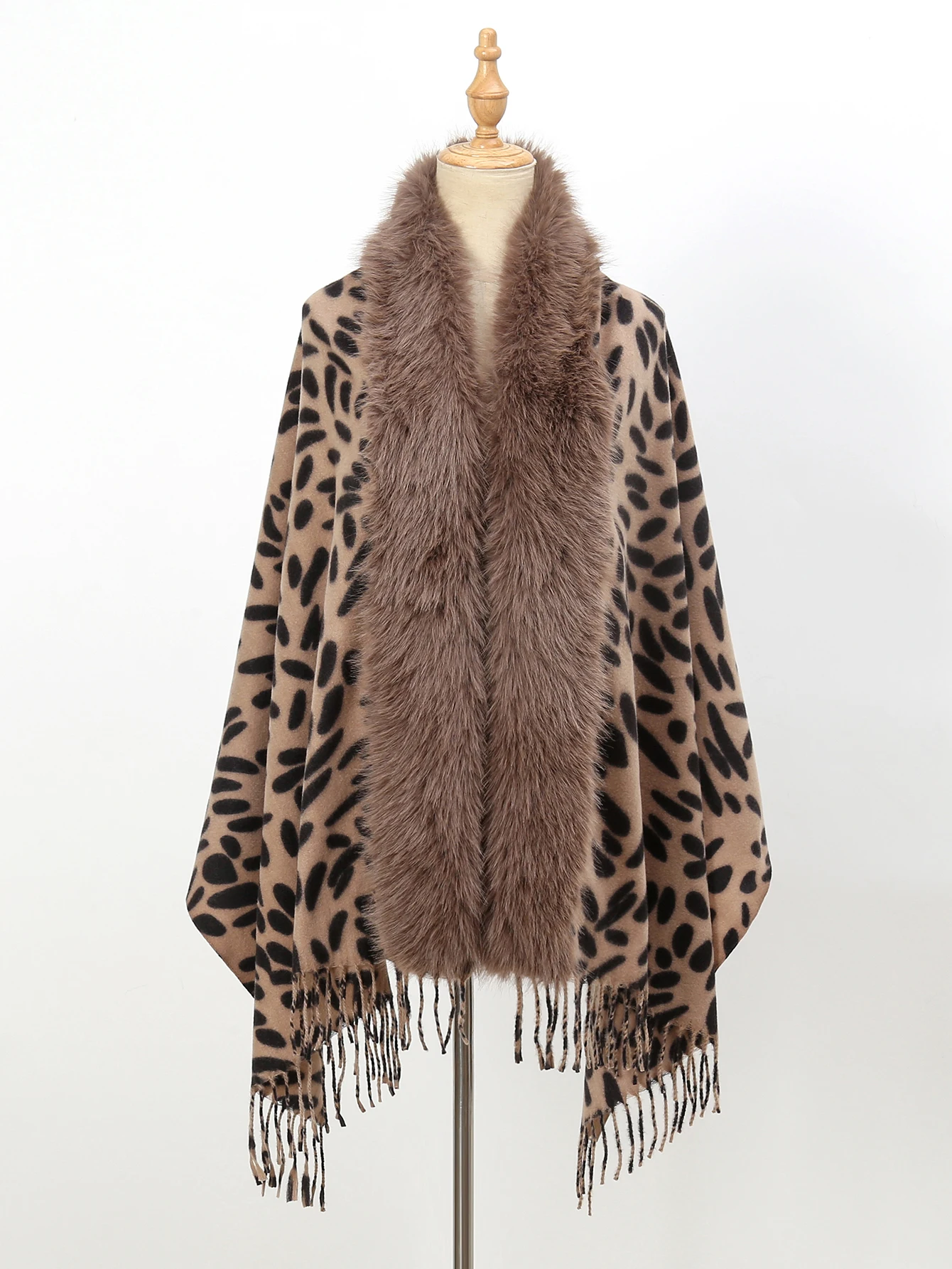 New fashionable imitation cashmere leopard print fur collar shawl, casual, soft and warm women\'s tassel scarf shawl