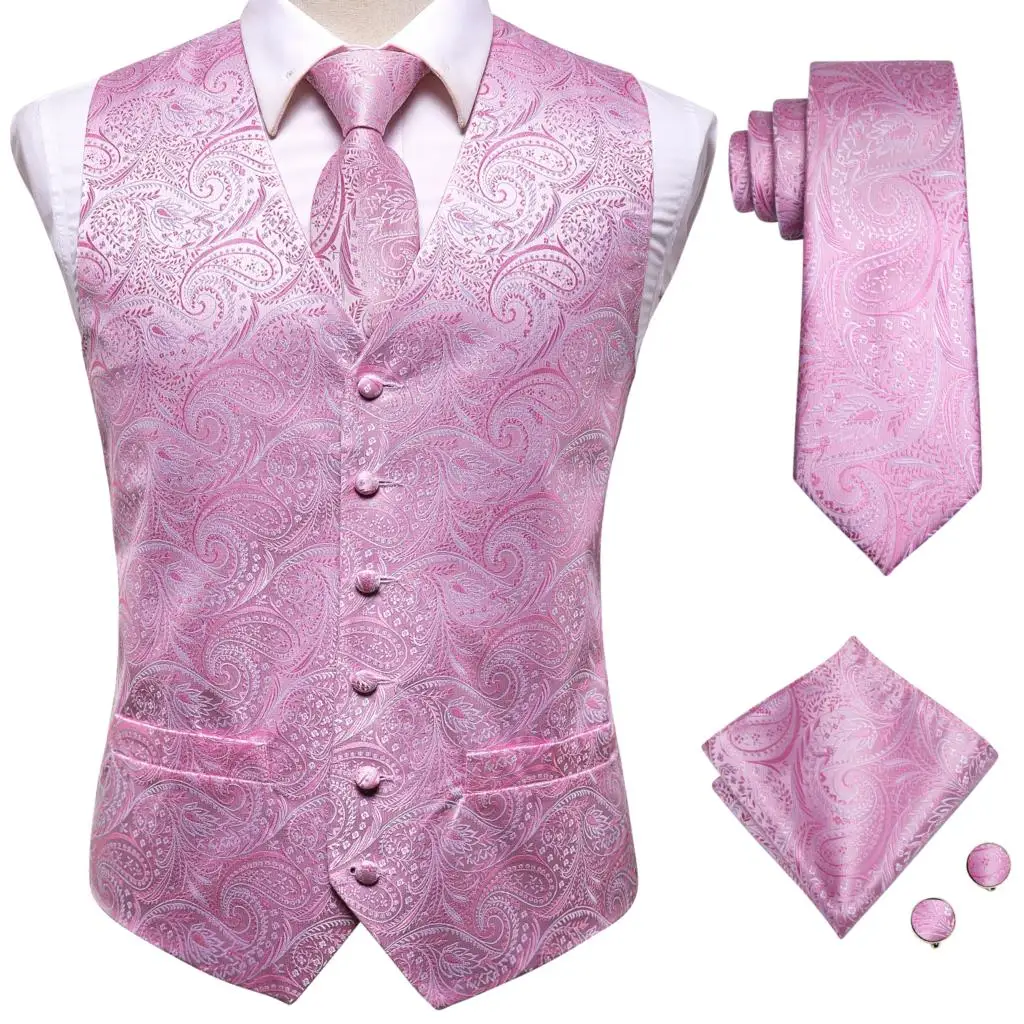 Hi-Tie Pink Green Paisley Silk Dress Vest Set For Men Dark Blue Jacquard Mens Suit Vest Male Waistcoat For Wedding Formal Jacket