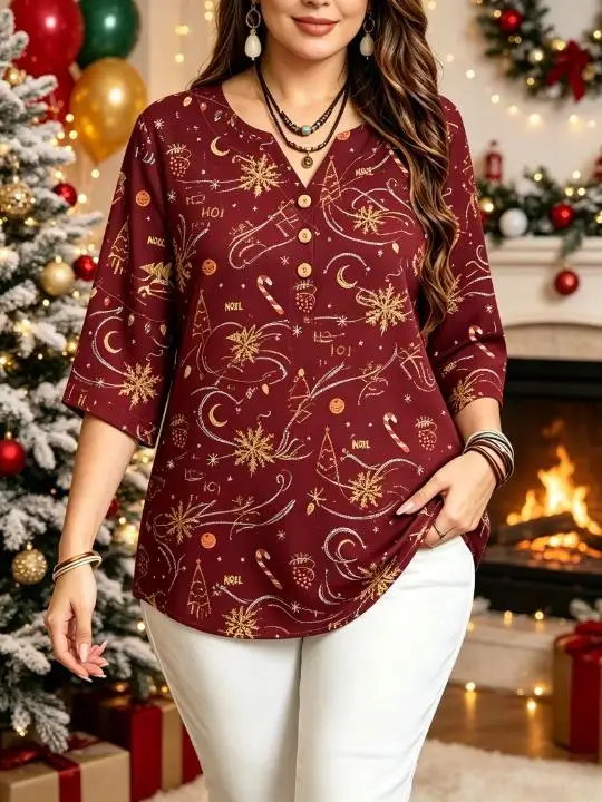 Plus Size Christmas Santa Print Blouse Notch V Neck 3/4 Sleeve Wooden Look Buttons Loose Holiday Casual Top