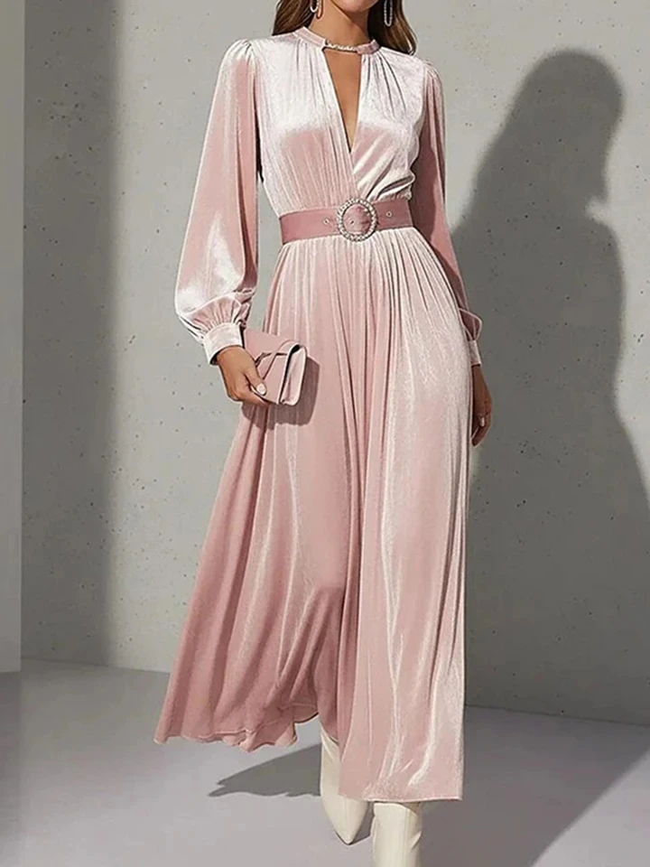

Luxury O-neck High Waist Pleated Evening Dress Temperament Commute Solid Color Long Dress Lady Long Sleeve Big Hem Banquet Dress