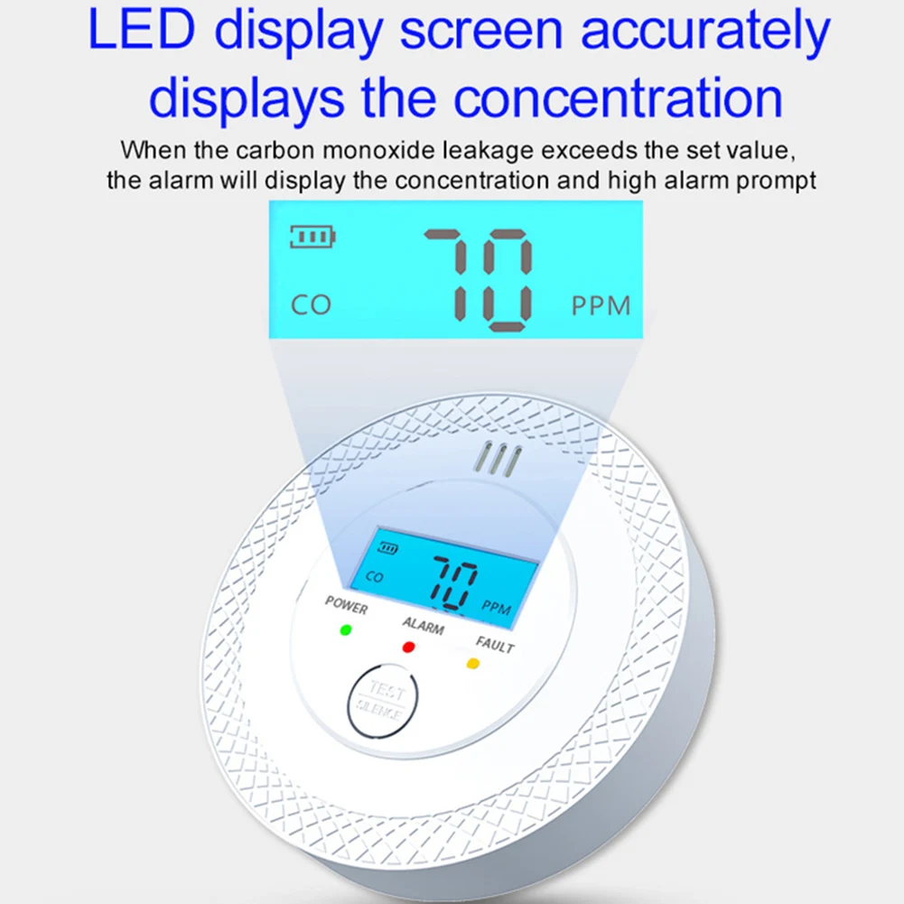 Высокочувствительный детектор угарного газа со светодиодным дисплеем и питанием от батареи для безопасности дома и офиса