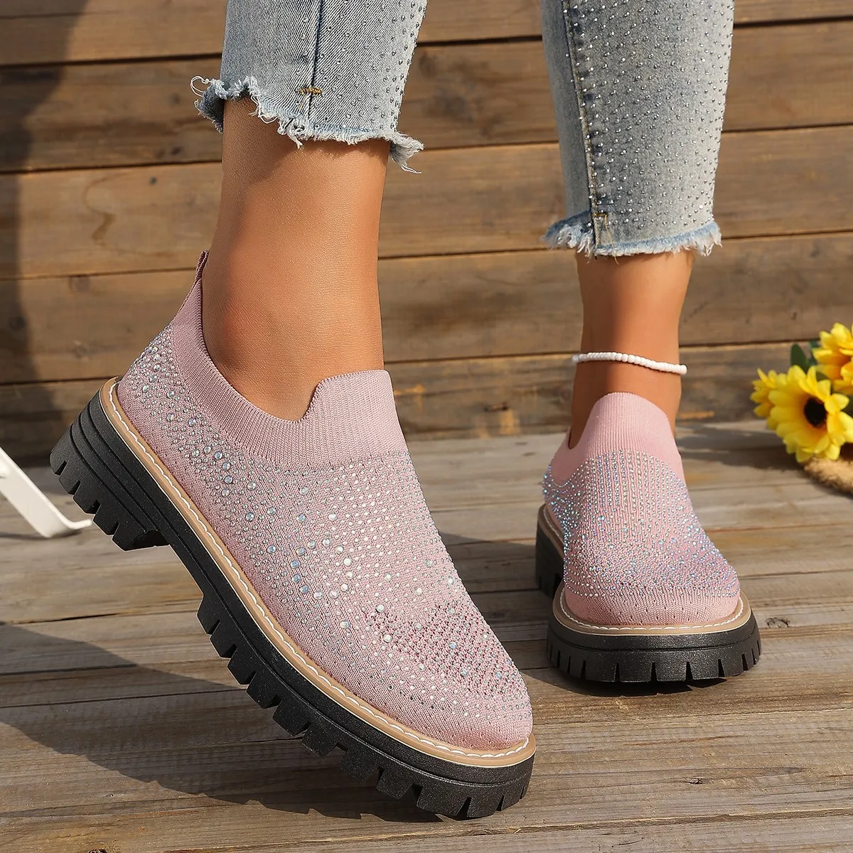 

Women's Sparkling Rhinestone Slip-On Loafers Breathable Knit Upper Platform Sole Non-Slip Rubber Outsole Comfort Sock Sneakers