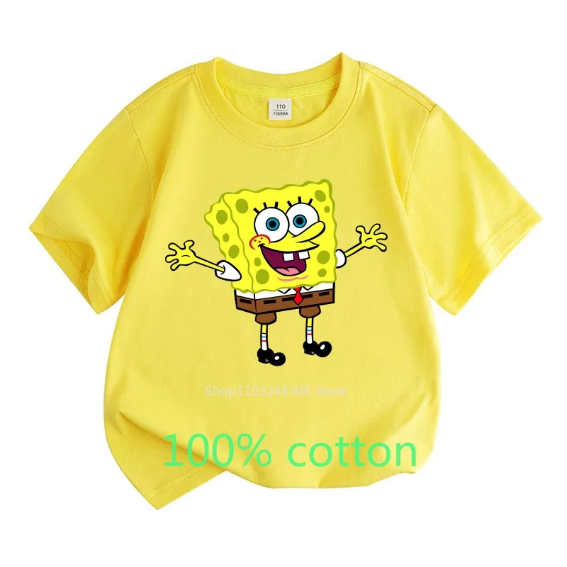 Spongebob Summer Children Clothes 100%Cotton T-shirt Fashion Kids Boys Girls Tops Cartoon Toddler Round Neck Short-sleeved Shirt