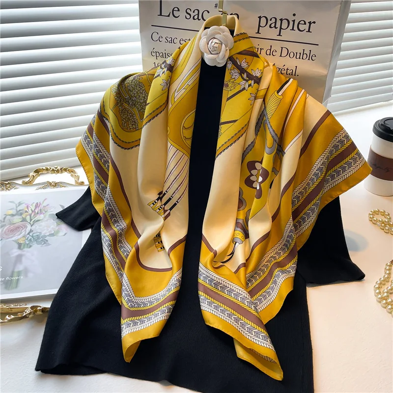 Europe America Versatile Shawl Hijab Hairband Headband Neckerchief Shawl Bandanna 90X90cm Luxury Brand Flowers Print Silk Scarf