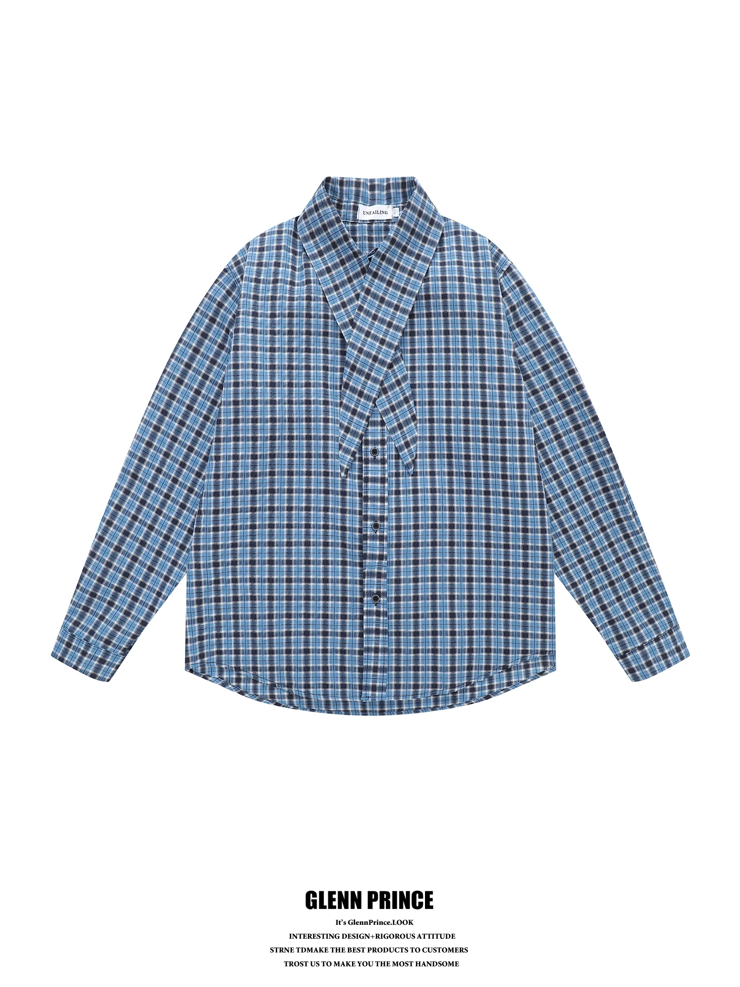 Blue Plaid Long Sleeve Loose Fit Men's Shirt GPstudio Korean Style Chic Checkered Tie Shirt Breathable Polyester Cotton Blend