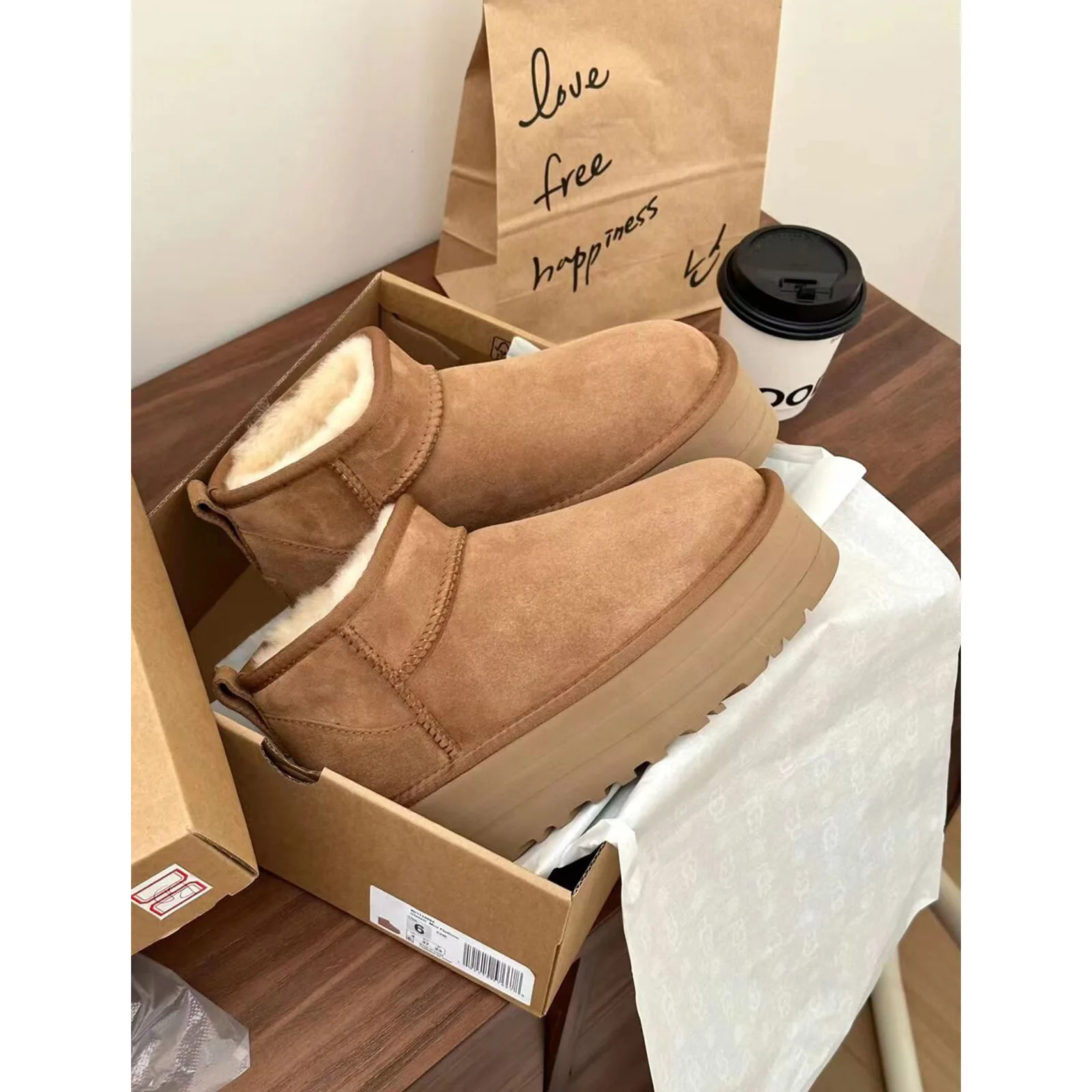 Winter Warm Women's Snow Boots Cow Suede Leather Waterproof Faux Wool Women's Padded Thickened Platform Ankle Boots Botas Mujer