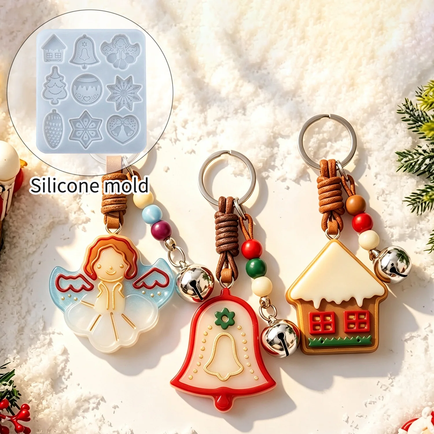 Christmas Snowflake Tree Bell Angel Silicone Mold Resin Mould Epoxy Casting DIY Keychain Ornament Home Decor Craft Bag Charm DIY