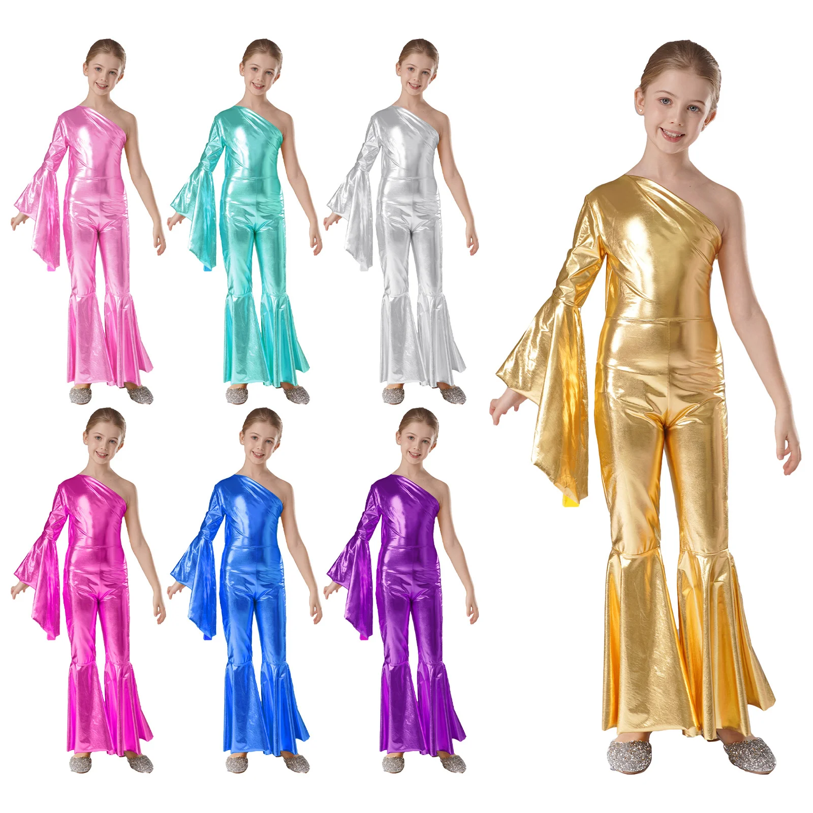 Kids Girls Metallic Jumpsuit Bell-Bottom Dance Romper Party Performance Costume One Shoulder Sleeve Ballet Ballroom Dancewear