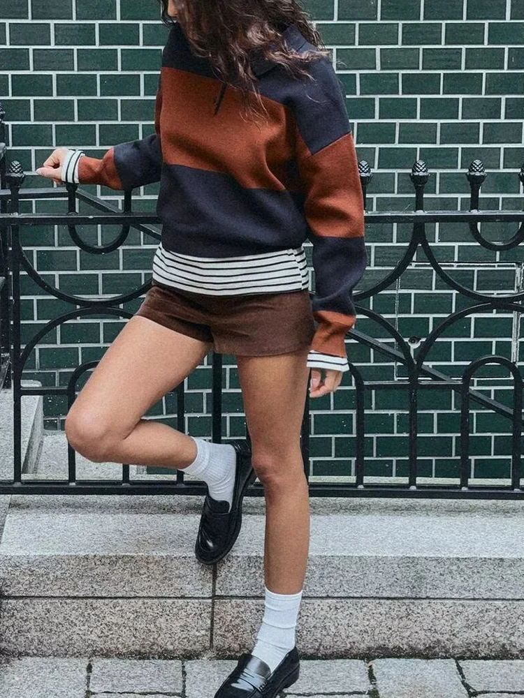 

European and American style 2025 winter new arrivals women's clothing long-sleeved striped polo collar knit sweater