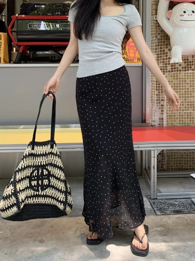 Falda Midi de Cintura Alta con Estampado de Lunares Rojos, Estilo Dulce y Versátil, para Mujer, Otoño, Estilo Adeazante y R...