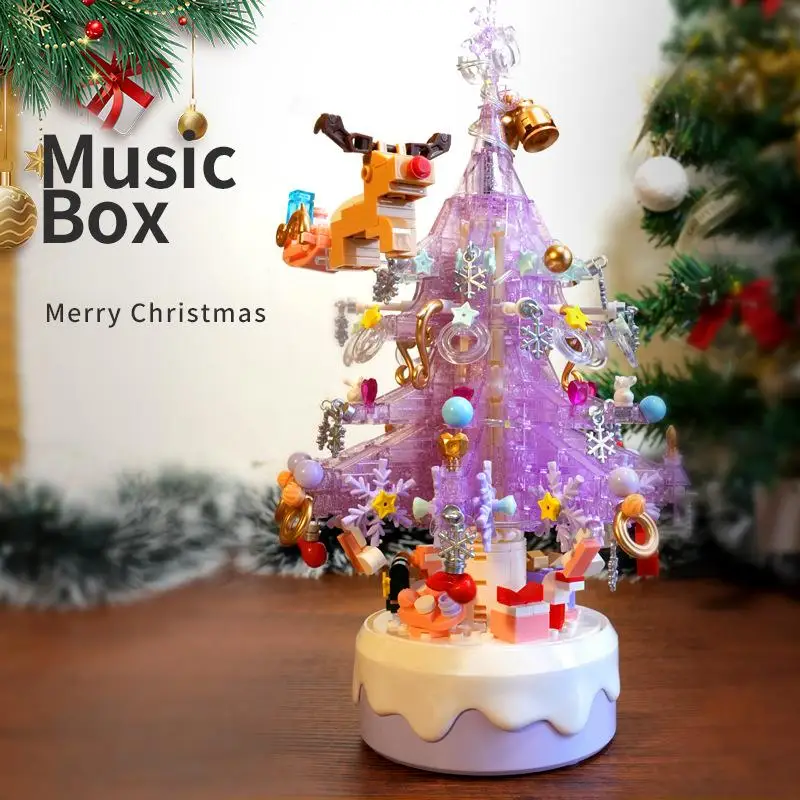 

OUZEY Christmas Tree Building Blocks Kit with Music Box, LED Lights, Rotating Decor for Christmas Gift and Home Party Decoration