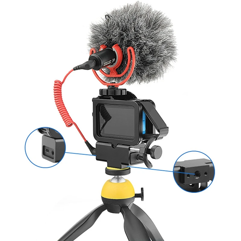 Aluminum Alloy Microphone Adapter 1/4 External Audio Adapter Protective Frame for Gopro Hero 5/6/7/8/9 Action Camera