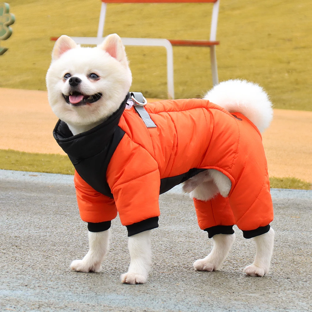 Winter Warm Dog Jacket Reflective Four Legged Clothes Outdoor Waterproof and Windproof Traction Harness Jumpsuit Chihuahua Coat