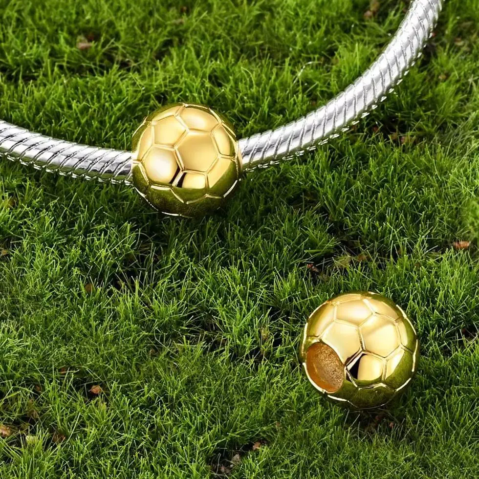 

Bead 925 Sterling Silver Charm Golden Football Fit Original Bracelet Making for Woman Jewelry Gift