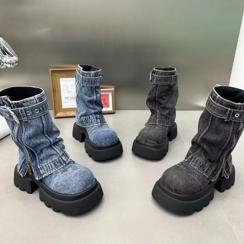 Fashion New Denim Platform Boots Women Retro Washed Denim Mid-Calf Boots with Buckle Zipper Chunky Heel Combat Boots Streetwear