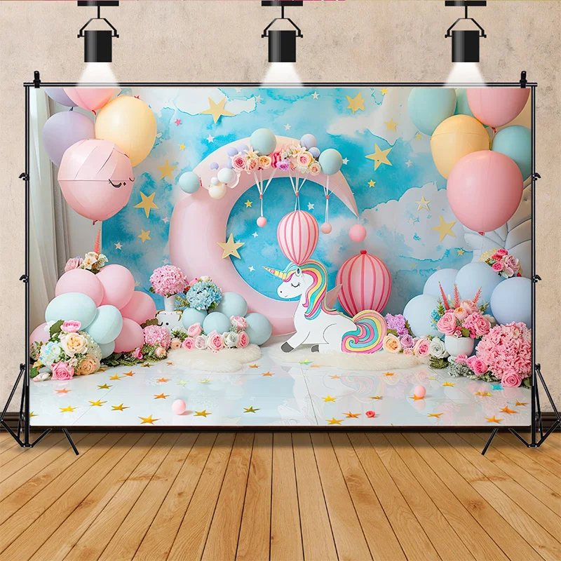 Rainbow Backdrops Adereços para Fotografia, Balões Coloridos Arco, Photo Background, Birthday Party, Unicórnio, Bebê Recém-nascido, DF-06
