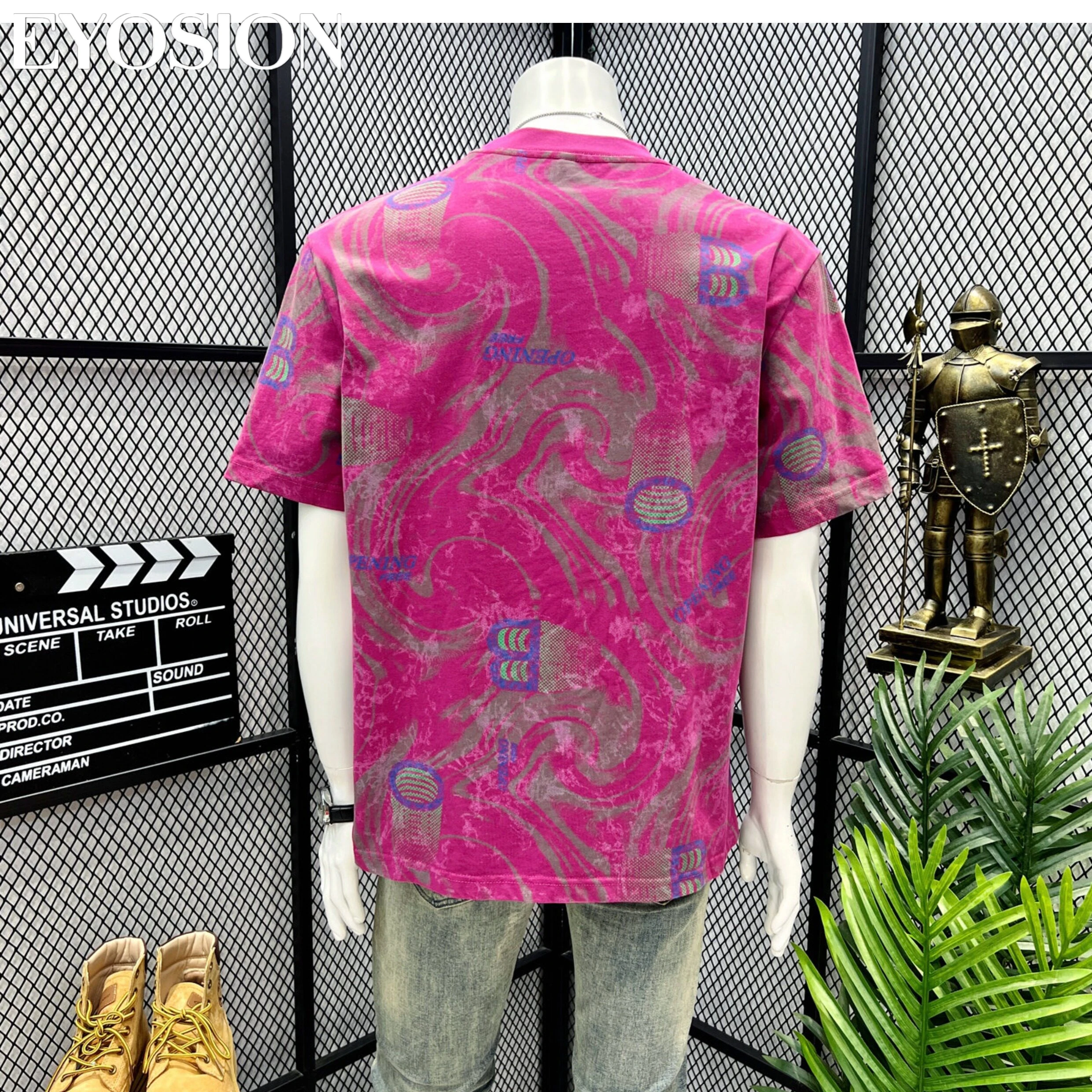 2026 Summer New Men's  T-shirt Hawaiian Color Contrast Printed Letter Short Sleeved High Quality 220G Cotton Round Neck Top Tee