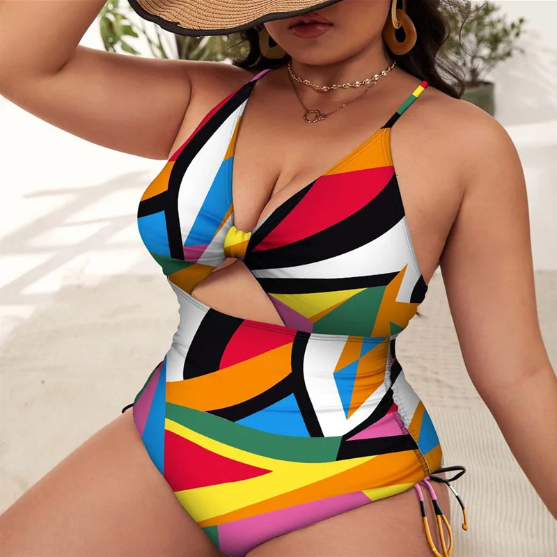 Sexy Plus Size Swimwear Print Gather Hollowed Out Bodysuit Women Bikini Set Swimsuit Push Up Two Pieces Bathing Suit Beachwear