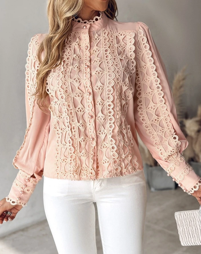 

Blouse Top Women Casual Daily Fashion Spring Solid Color Contrast Lace Hollow-out Stand Collar Buttoned Lantern Long Sleeve Top