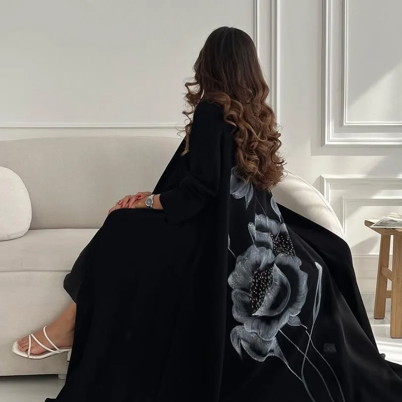 Modest Open Abaya Women Kaftan Muslim Dress Printed Rhinestone Beaded Middle East Islamic Clothing Abaya Dubai Cardigan Robe