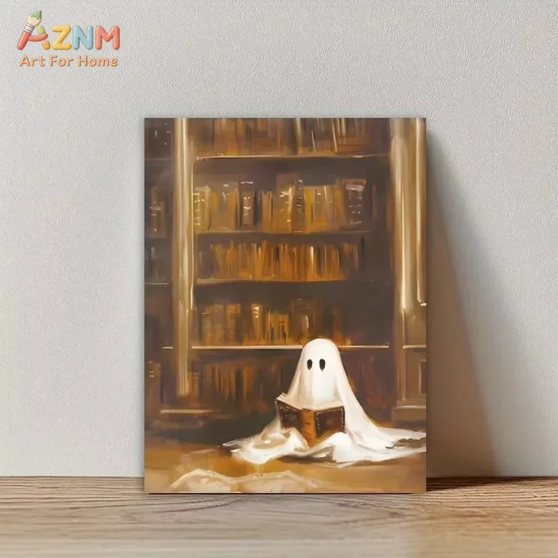 AZNM Vintage Ghost Eating Cupcake Canvas Wall Art Print Cute Spooky Halloween Oil Painting Style Poster for Home Decor