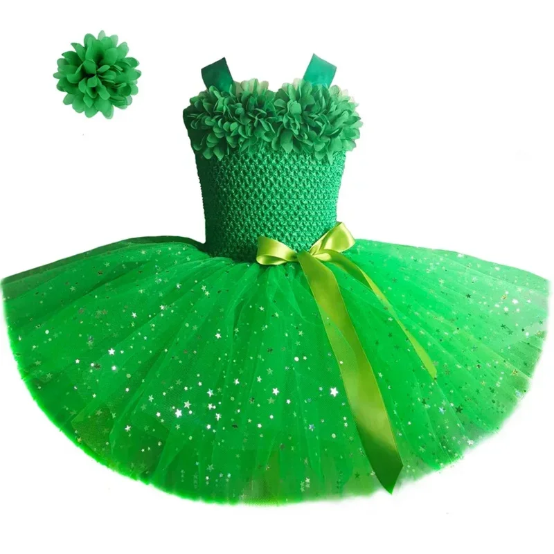 A Sparkly Girls Fairy Tutu Dress Green Glittery Birthday Party Princess Dress Gowns Kids Halloween Cosplay Pixie Fairy Costume S