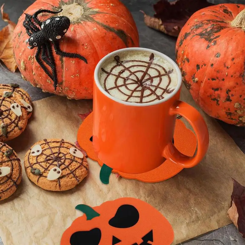 Halloween Cup Mat 6pcs Felt Coasters For Drinks Non-Slip Felt Orange Pumpkin Felt CoasterHalloween Coffee Bar Decor Heat