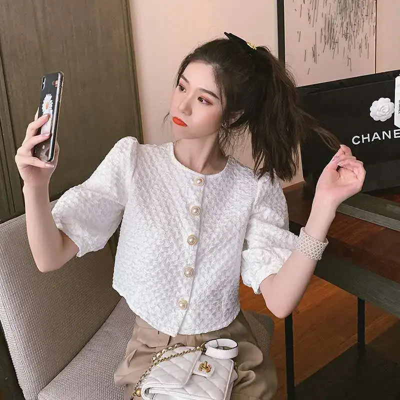 Shirts Women Soft Simple Retro New Arrival Puff Sleeve Summer Clothing Straight Casual Young Ladies College Hot Sale Korean Chic