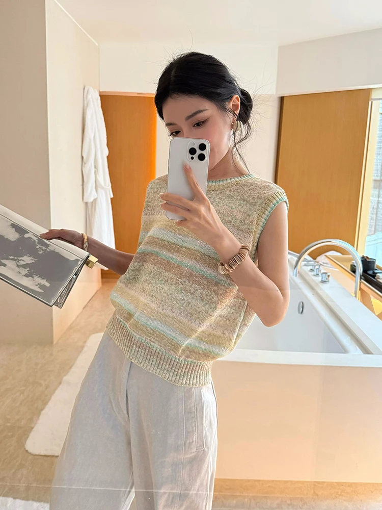 

Rainbow adient Color Blo Knitted Loose Vest Striped Contrast Color Leisure Top Women's Faion Summer Pullover Sweater