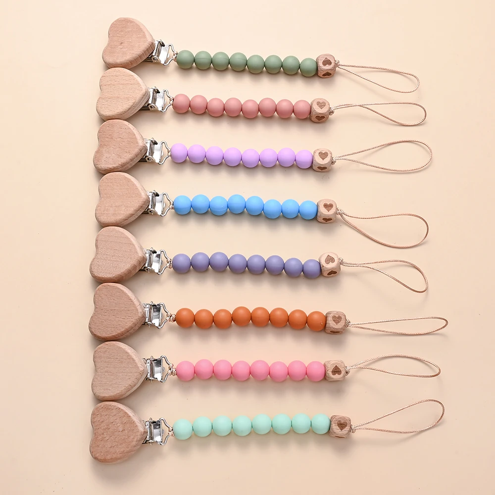 Pendant for Newborn Toys Gift New Beech Wooden Heart Beads Baby Pacifier Chain Clip  Silicone Beads Dummy Nipple Holder Teether