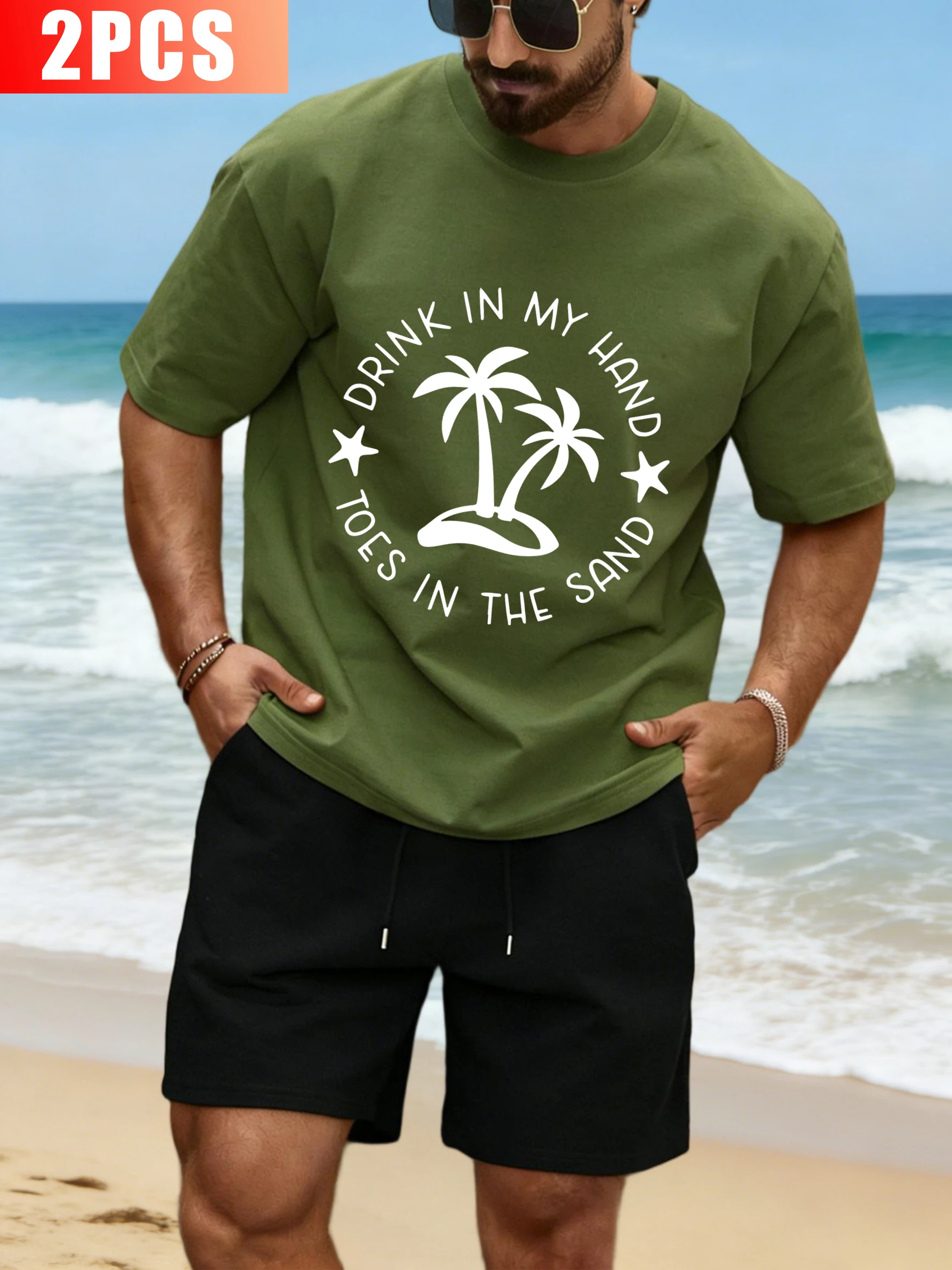 

Drink In My Hand On The Beach Print Men T-Shirt Set Cotton O-Neck Tee Summer Drawstring Wide-Leg Shorts Unisex Simple Sportsuit