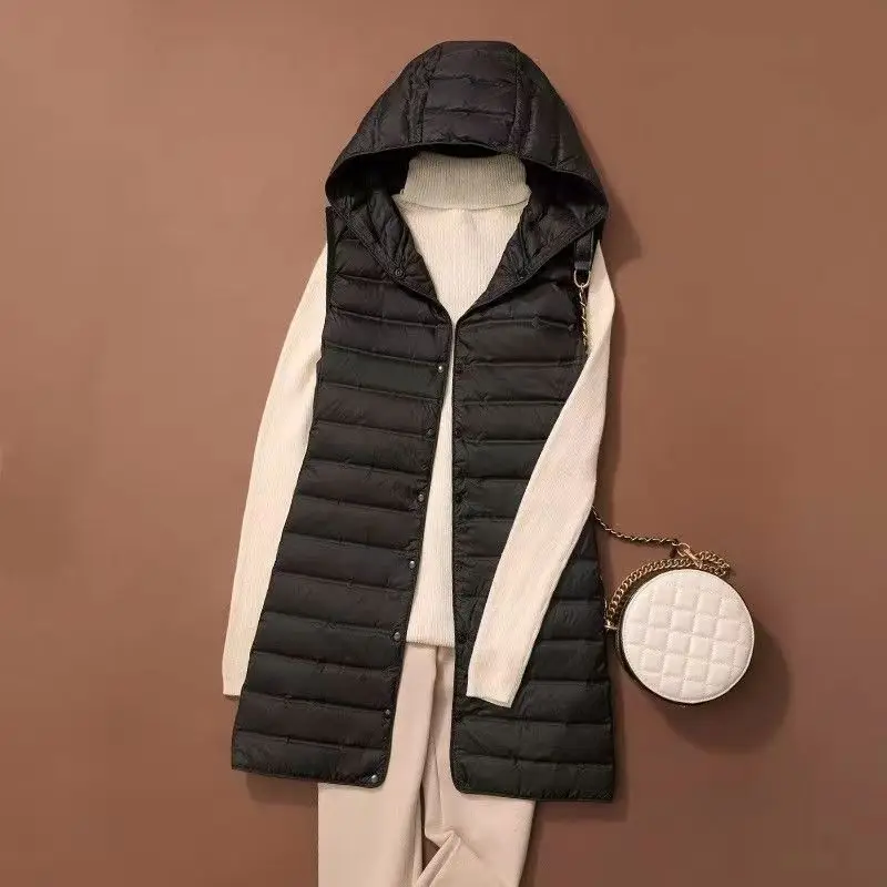 Chaleco de plumón de pato blanco para mujer, Chaqueta larga con capucha delgada, parka básica informal, ultraligera, 90%