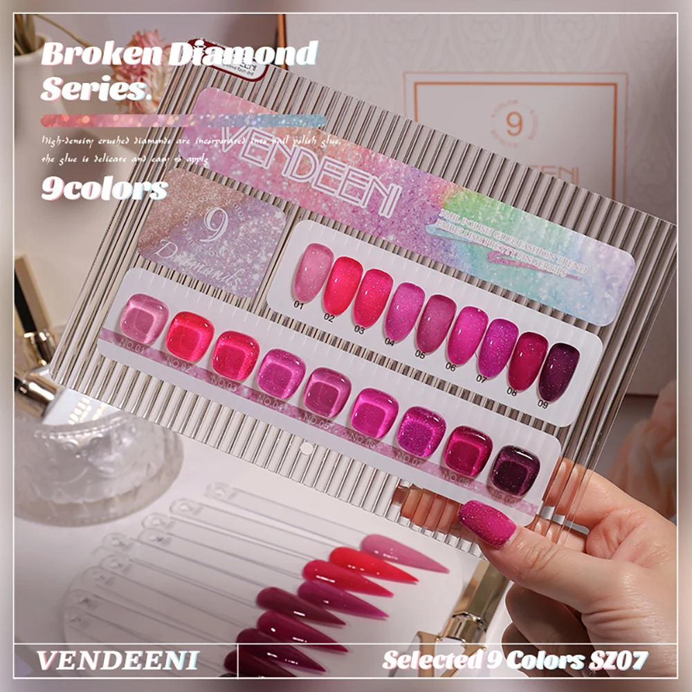 Vendeeni 9 Farben Rosenrot Pink Glitzernder Diamant-Gel-Nagellack UV Soak-Off Gel-Lack Semi-Permanenter Gel-Lack – Detail 1