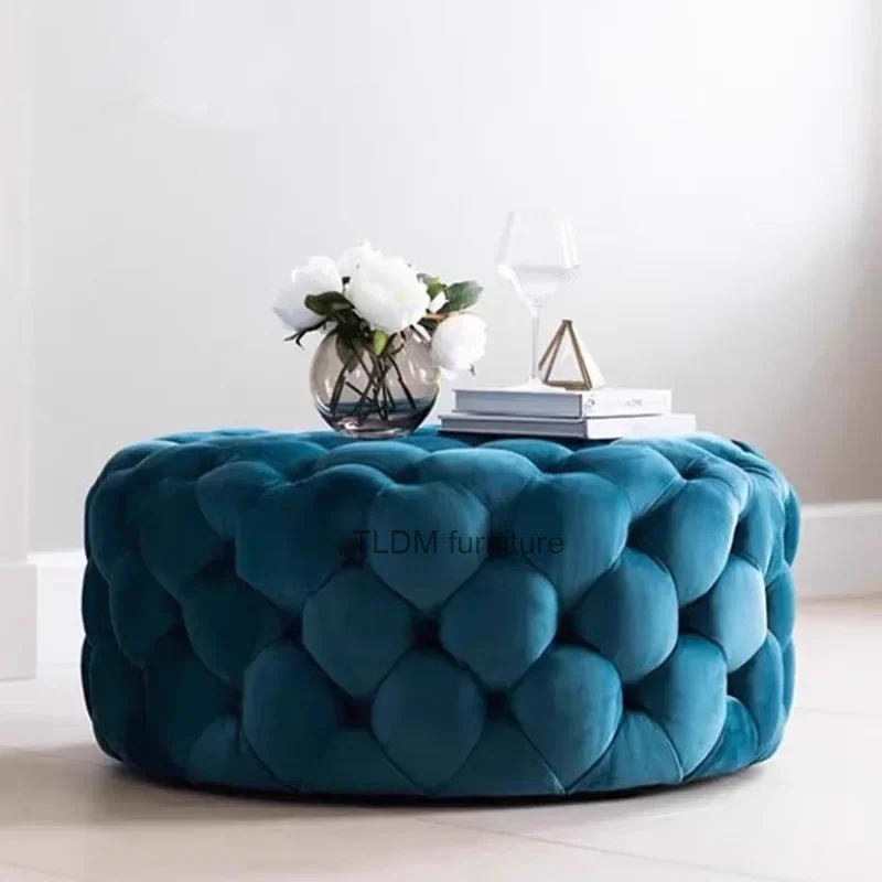 Blue bedroom velvet stool circular modern luxury space saving living space sofa cute and unique Pouf salon modern Nordic