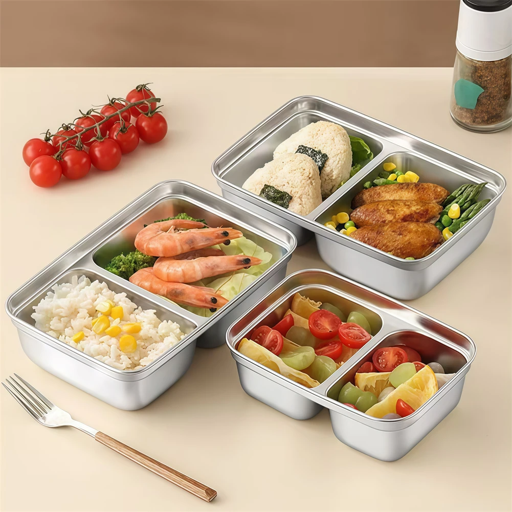

Set of 2 Stainless Steel Snack Boxes with Dual Compartments Leak Proof Design Small Food Containers for School Work