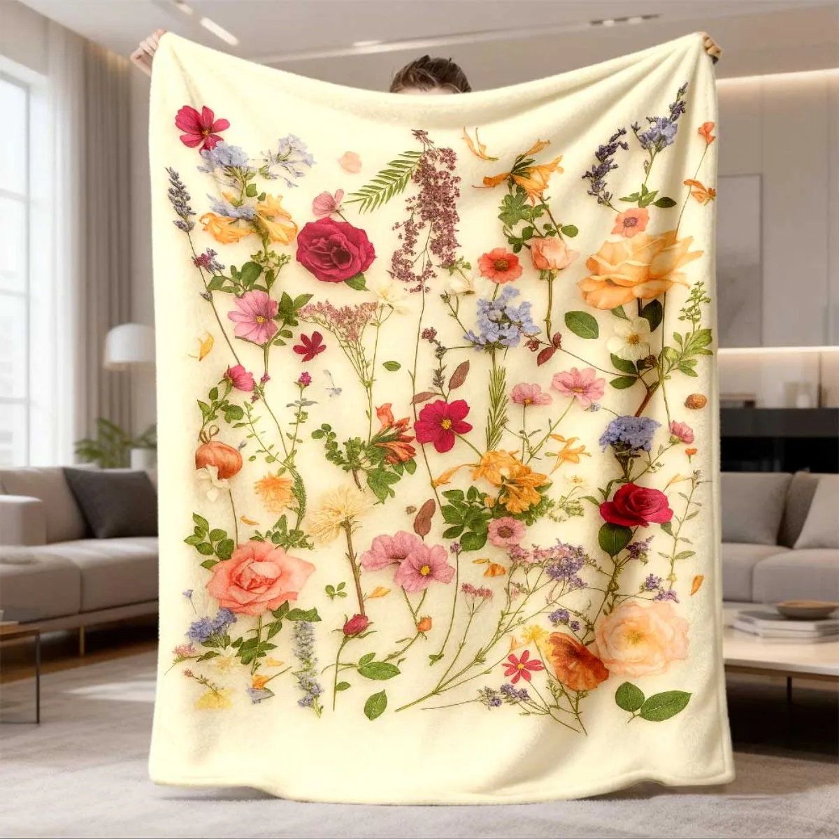 Botanical Wildflower Blanket  Cream Base Colorful Dried Flower Flannel Throw Blanket Shabby Chic Floral Home Warm Cover