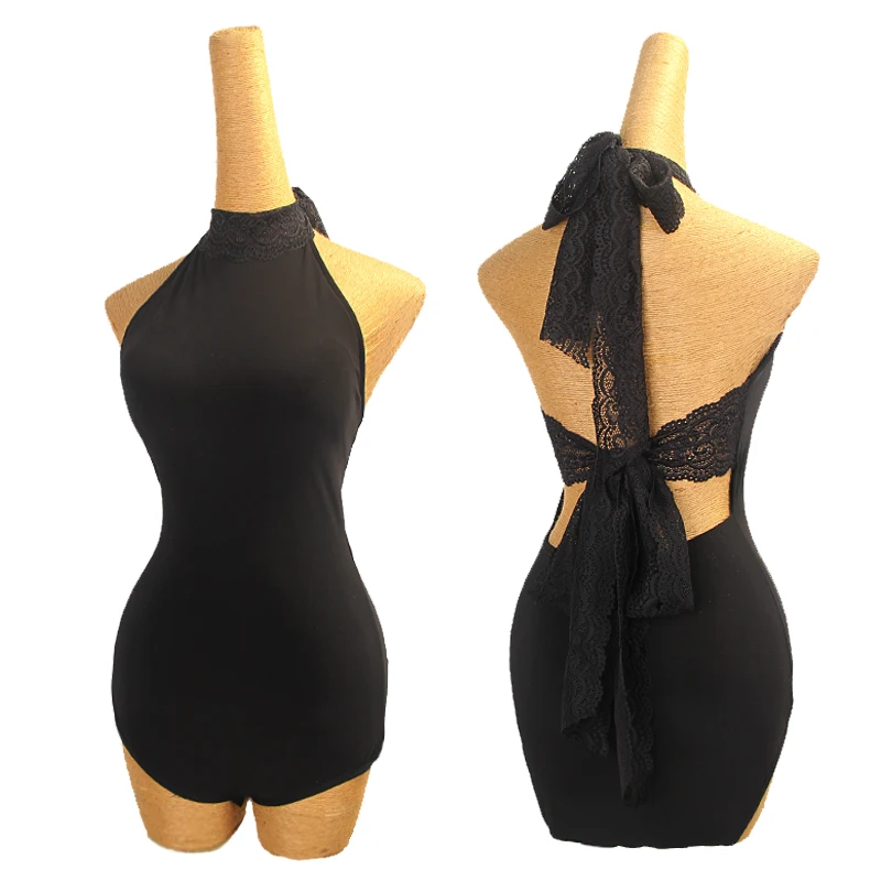 

New Latin Dance Modern Dancing Costume Black Sleeveless Bareback Lace Top for Women Tango Cha Cha Samba Practice Clothes