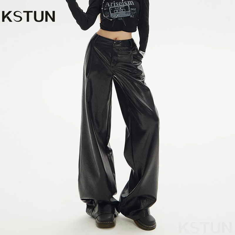 KSTUN Hot Girl PU بنطال جلدي واسع الساق فضفاض معلق شعور مستقيم الساق مظهر غير رسمي للمرأة موضة روك ستايل جلد صناعي #1