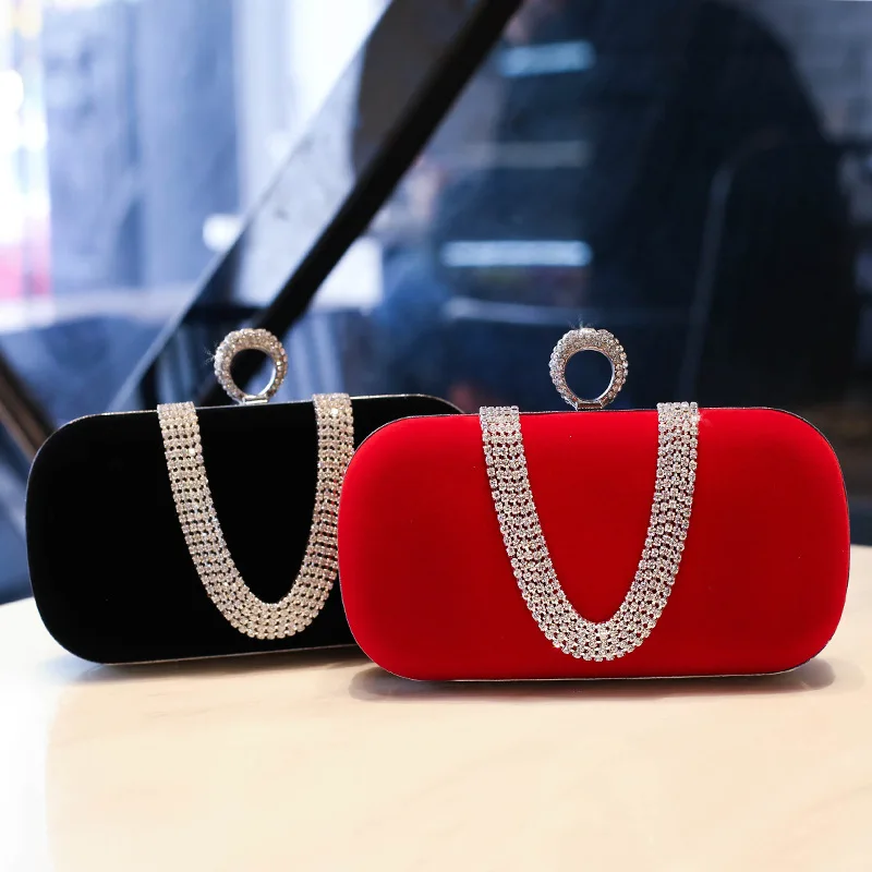 Red Flannel Rhinestone Bag Velvet Evening Purses Crossbody Elegant Party Clutch Bling Shoulder Female Bag Diamond Handbag