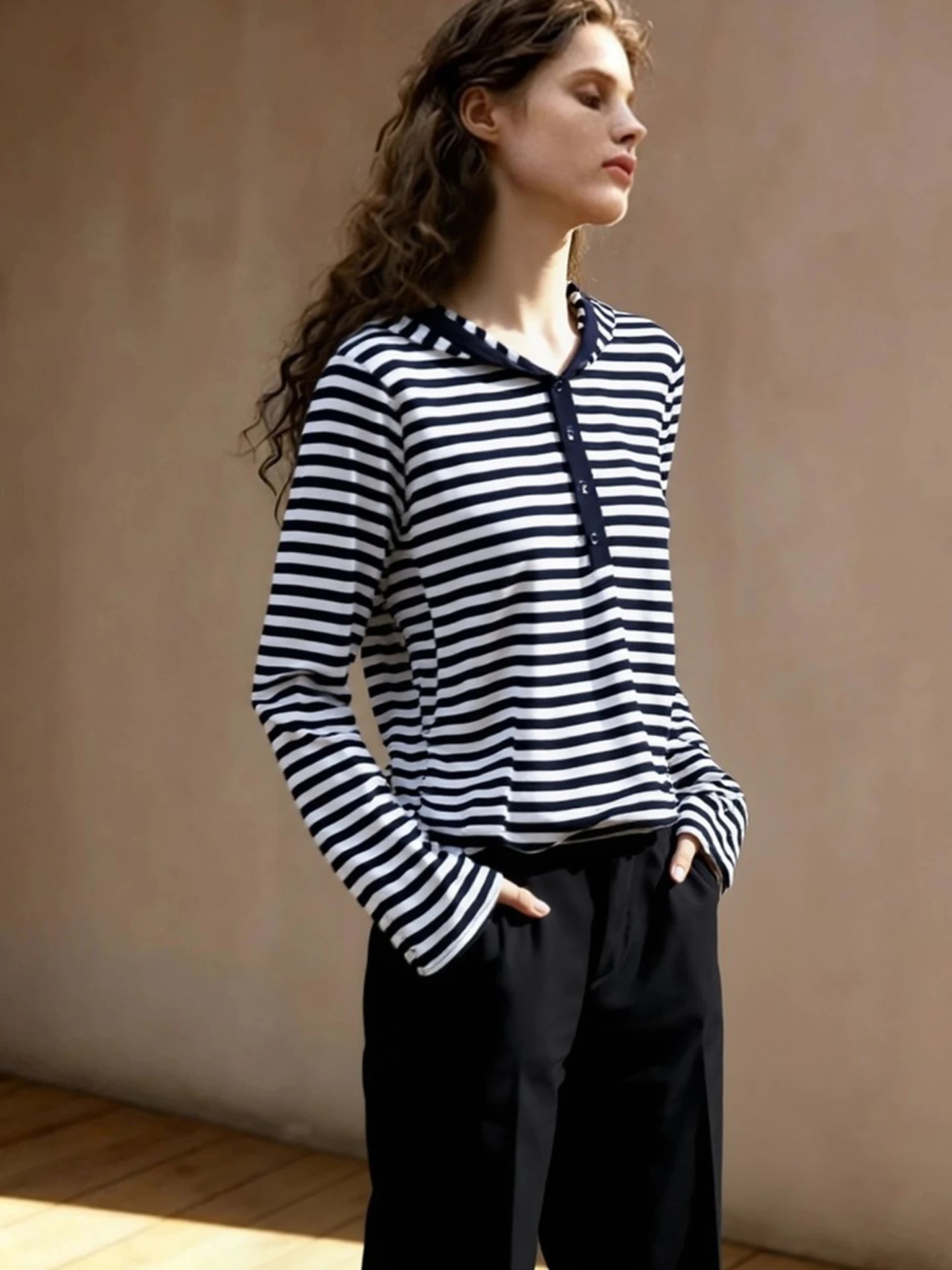 

Classic Striped Hoodie T-Shirt Soft Long Sleeve Casual Style Spring Korean Version Lazy Fashion Top Women's plus Size Base Shirt