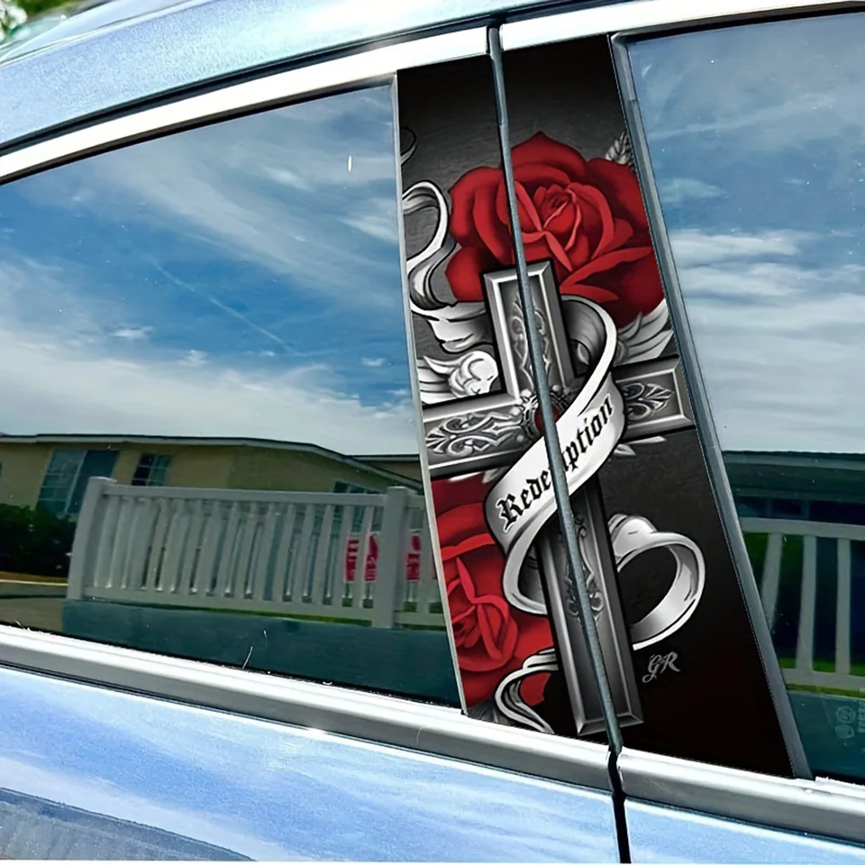 

Latest Car Pillar Graphics Red Rose Christian Cross Print B-Pillar Car Graphics Compatible Sticker for all cars (Both Side) SX-7