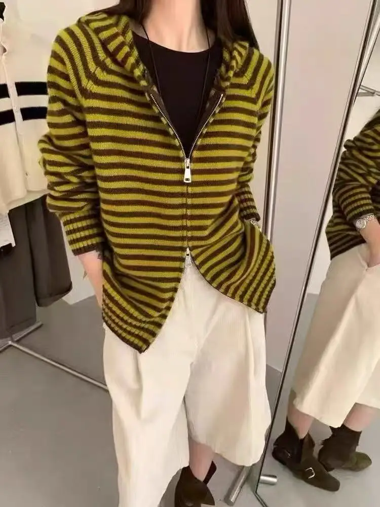 Purple Striped Hooded Sweater Jacket Women's Open Cardigan Autumn Winter Korean Style Soft Thickened Knitted Shirt Inner Wear...