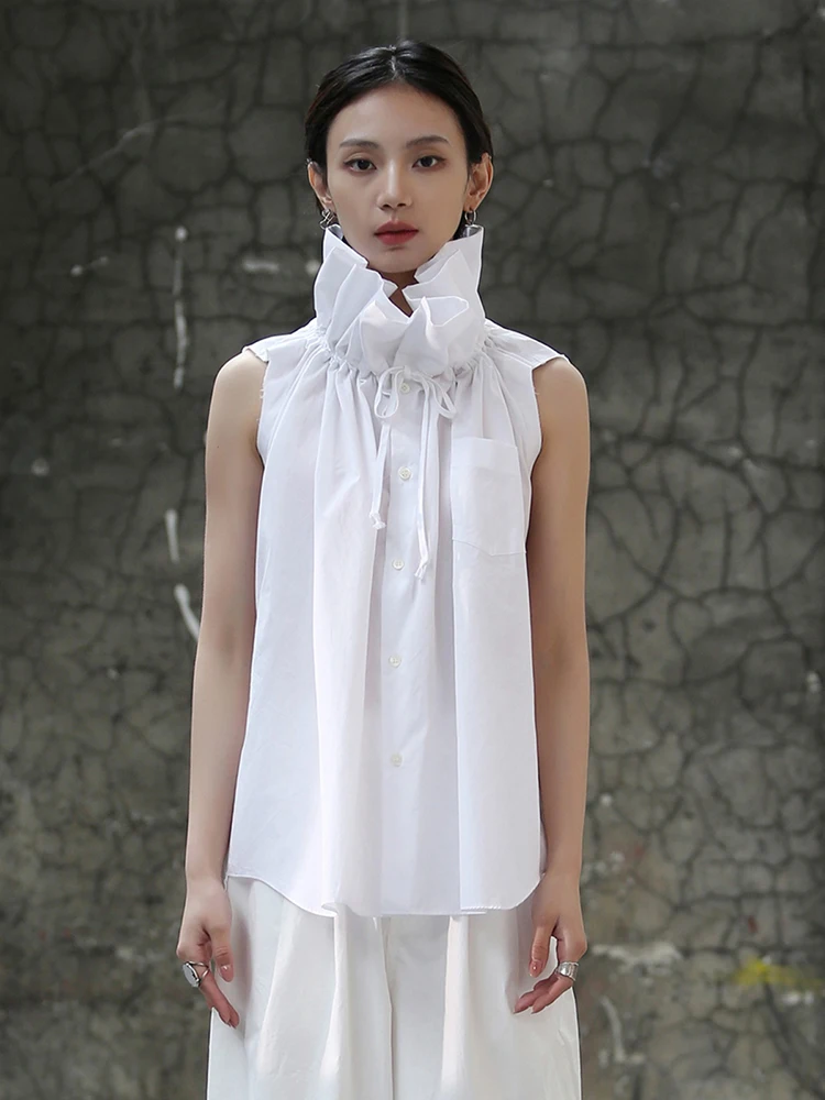 [EAM] Women White Ruffles Big Size Blouse New Stand Collar Sleeveless Loose Fit Shirt Fashion Tide Spring Summer 2024 1DF7975