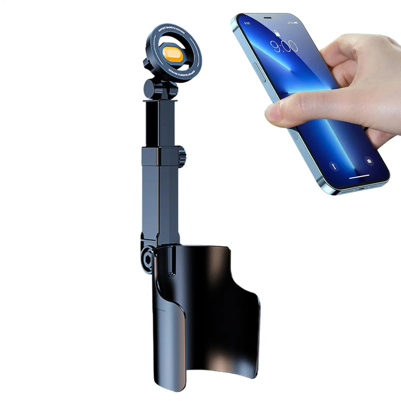 Accessoire de voiture peu encombrant : porte-gobelet et support de téléphone combinés avec aimant puissant, facile à utiliser pour une fixation sécurisée des mains.