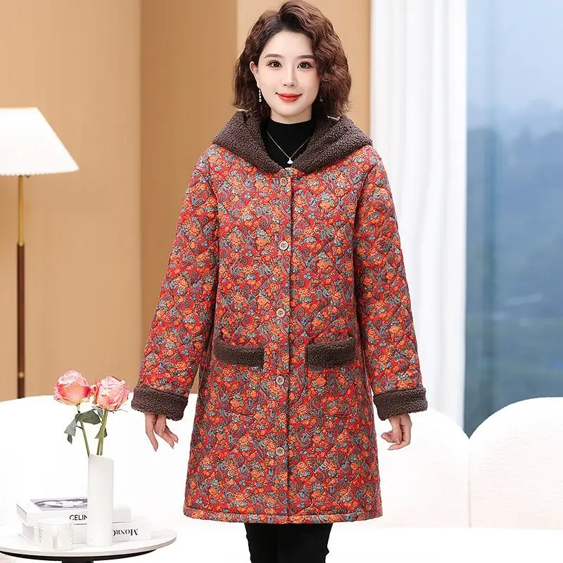 Mamma di mezza età e anziani Stampa floreale Giacca lunga in cotone foderata in pile Cappotto invernale caldo con cappuccio per cappotti addensati alla moda TS472